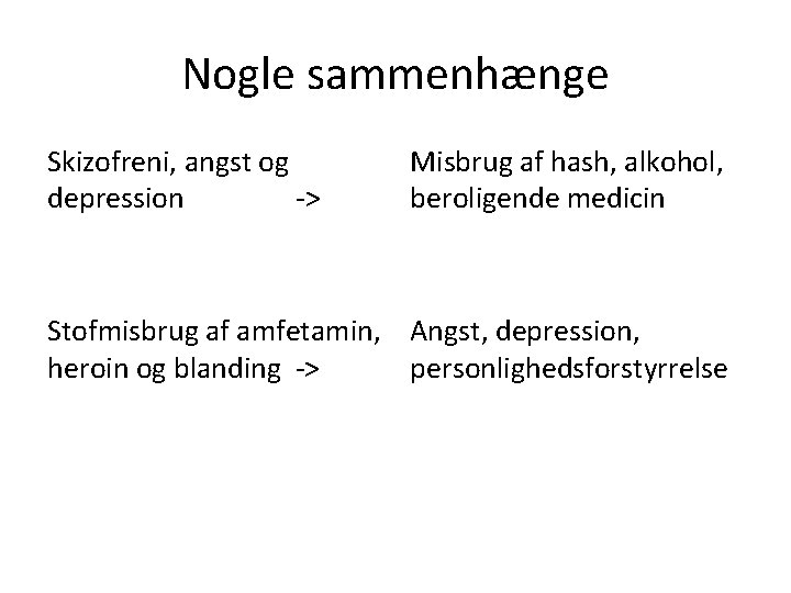 Nogle sammenhænge Skizofreni, angst og depression -> Misbrug af hash, alkohol, beroligende medicin Stofmisbrug