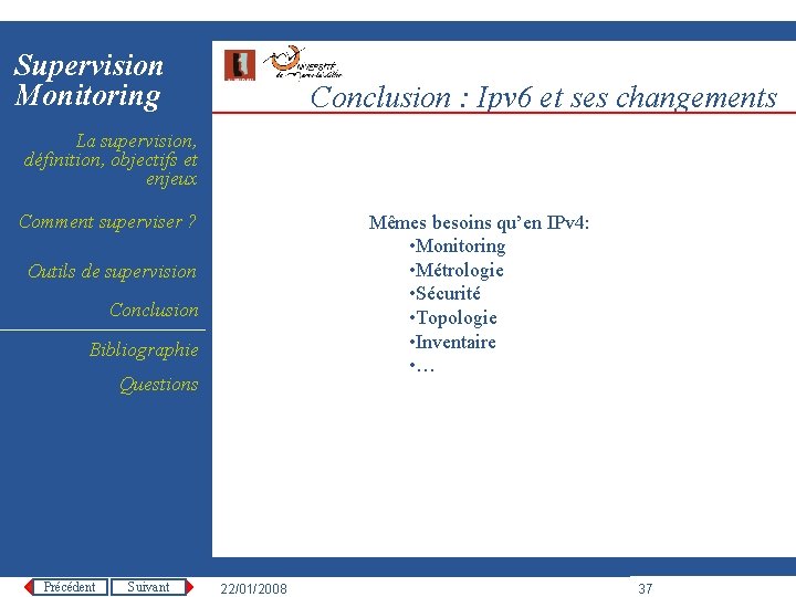 Supervision Monitoring Conclusion : Ipv 6 et ses changements La supervision, définition, objectifs et