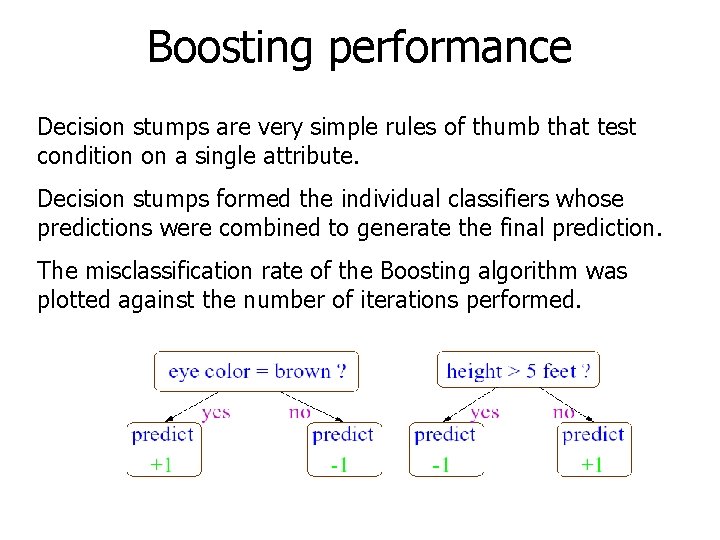 Boosting performance Decision stumps are very simple rules of thumb that test condition on