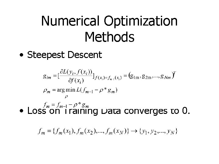 Numerical Optimization Methods • Steepest Descent • Loss on Training Data converges to 0.