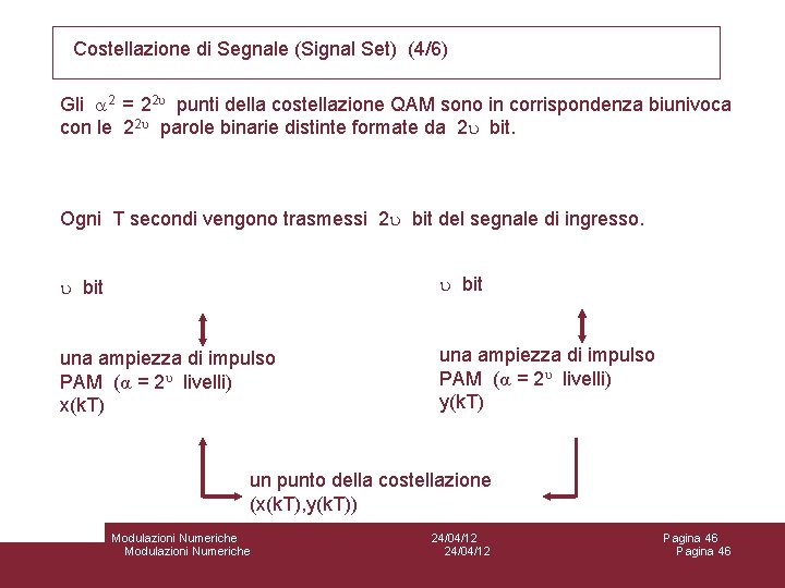Costellazione di Segnale (Signal Set) (4/6) Gli a 2 = 22 u punti della