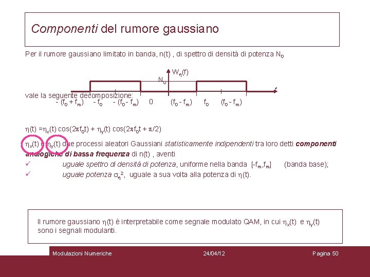 Componenti del rumore gaussiano Per il rumore gaussiano limitato in banda, n(t) , di