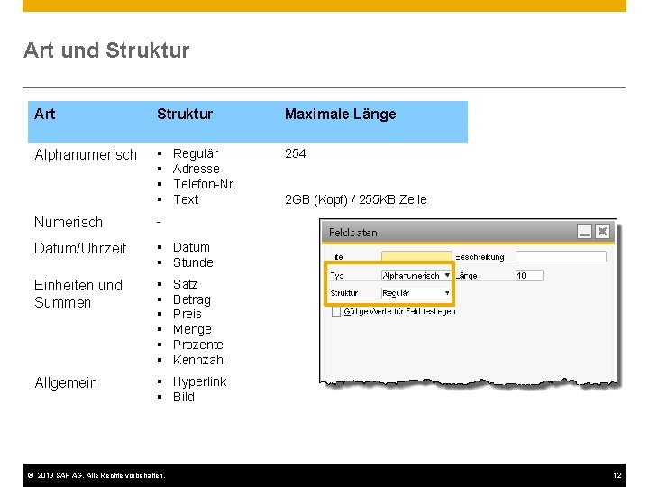 Art und Struktur Art Struktur Maximale Länge Alphanumerisch § § 254 Regulär Adresse Telefon-Nr.