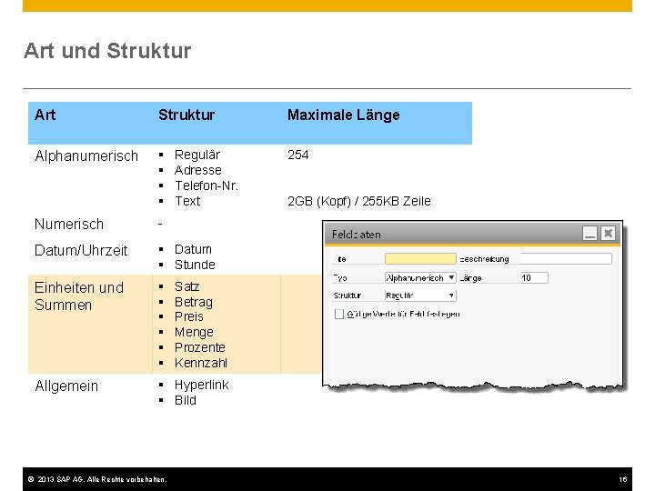 Art und Struktur Art Struktur Maximale Länge Alphanumerisch § § 254 Regulär Adresse Telefon-Nr.
