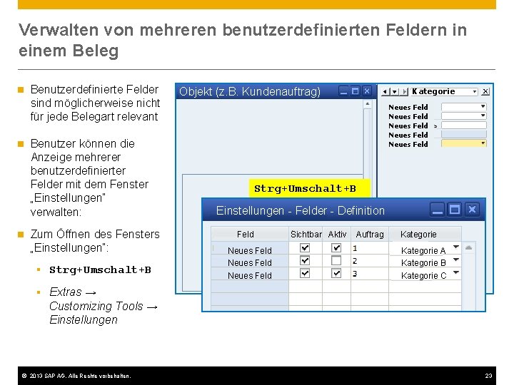 Verwalten von mehreren benutzerdefinierten Feldern in einem Beleg n n n Benutzerdefinierte Felder sind