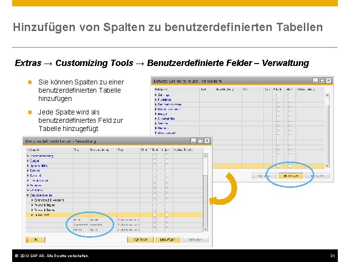 Hinzufügen von Spalten zu benutzerdefinierten Tabellen Extras → Customizing Tools → Benutzerdefinierte Felder –