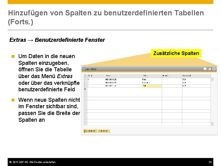 Hinzufügen von Spalten zu benutzerdefinierten Tabellen (Forts. ) Extras → Benutzerdefinierte Fenster n Um