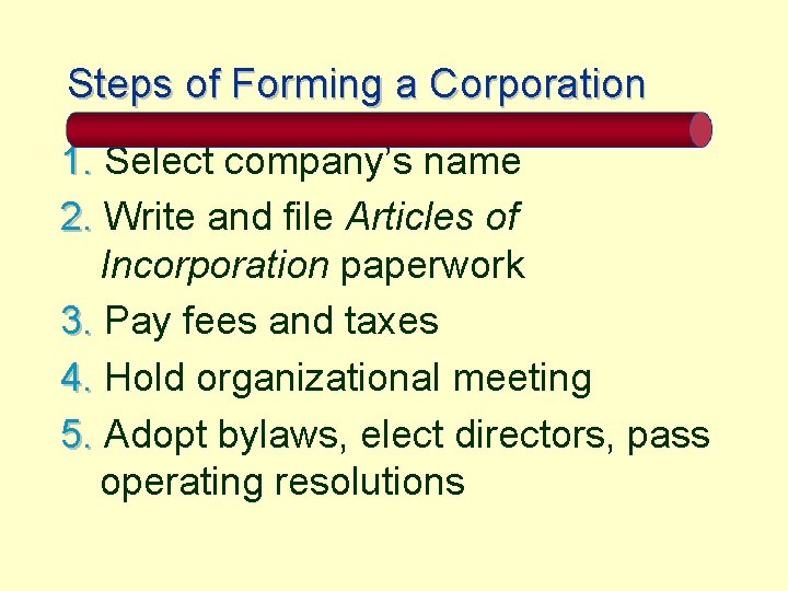 Steps of Forming a Corporation 1. Select company’s name 2. Write and file Articles