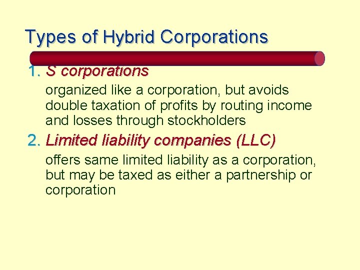 Types of Hybrid Corporations 1. S corporations organized like a corporation, but avoids double