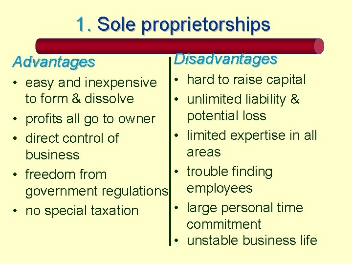 1. Sole proprietorships Advantages Disadvantages • easy and inexpensive to form & dissolve •
