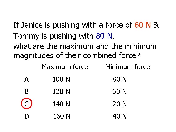 If Janice is pushing with a force of 60 N & Tommy is pushing