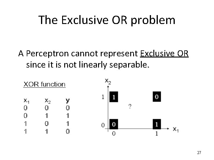 The Exclusive OR problem A Perceptron cannot represent Exclusive OR since it is not