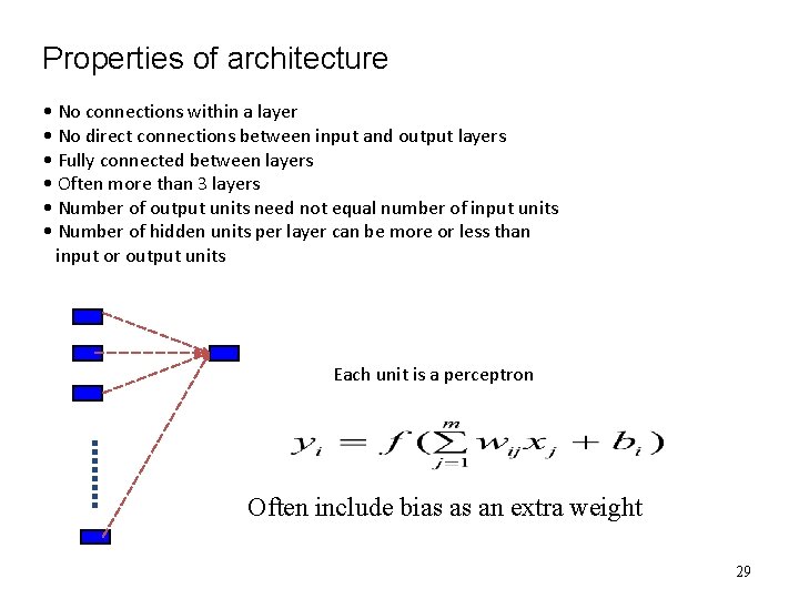 Properties of architecture • No connections within a layer • No direct connections between