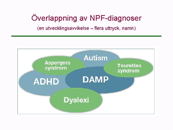 Överlappning av NPF-diagnoser (en utvecklingsavvikelse – flera uttryck, namn) 