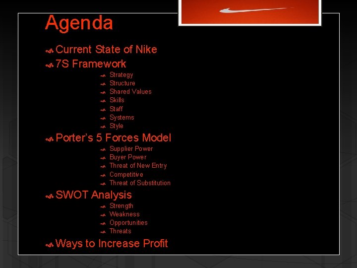 Agenda Current State of Nike 7 S Framework Strategy Structure Shared Values Skills Staff