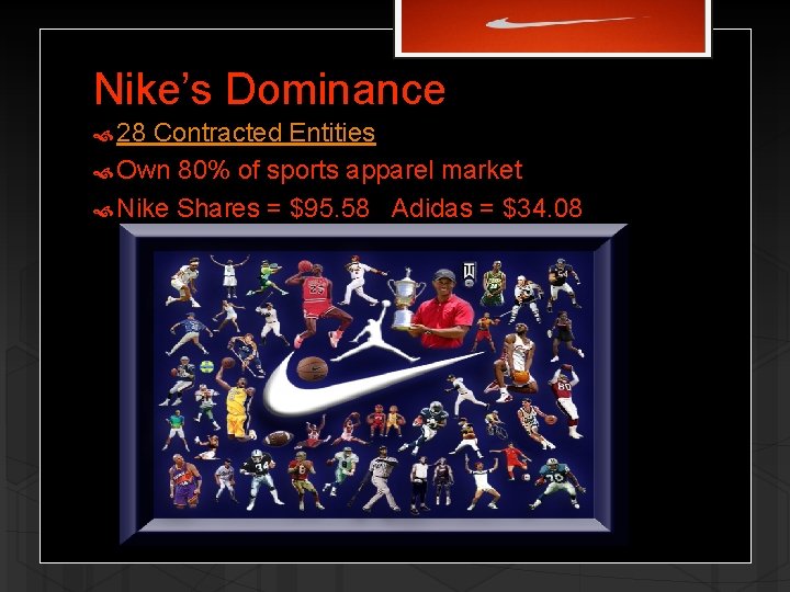 Nike’s Dominance 28 Contracted Entities Own 80% of sports apparel market Nike Shares =