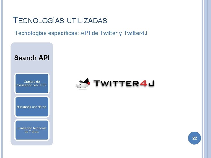 TECNOLOGÍAS UTILIZADAS Tecnologías específicas: API de Twitter y Twitter 4 J Search API Captura