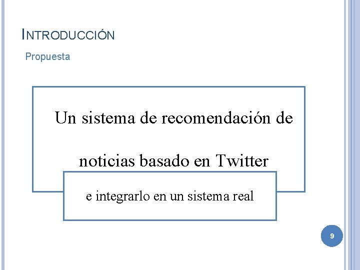 INTRODUCCIÓN Propuesta Un sistema de recomendación de noticias basado en Twitter e integrarlo en
