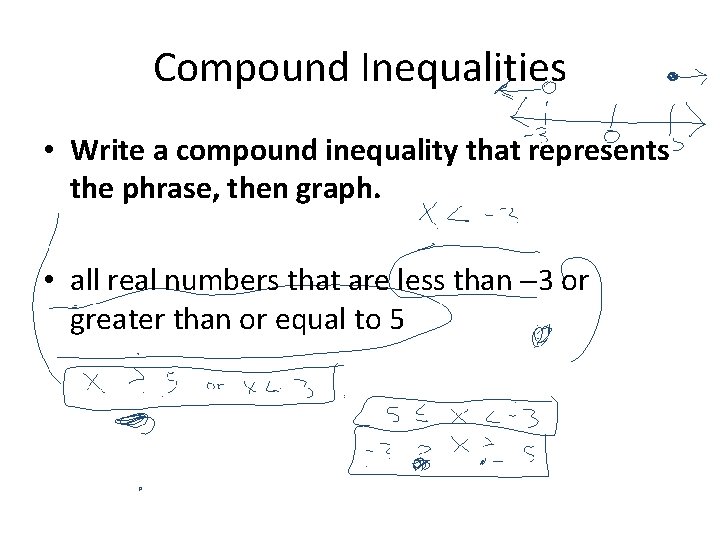 Compound Inequalities • Write a compound inequality that represents the phrase, then graph. •