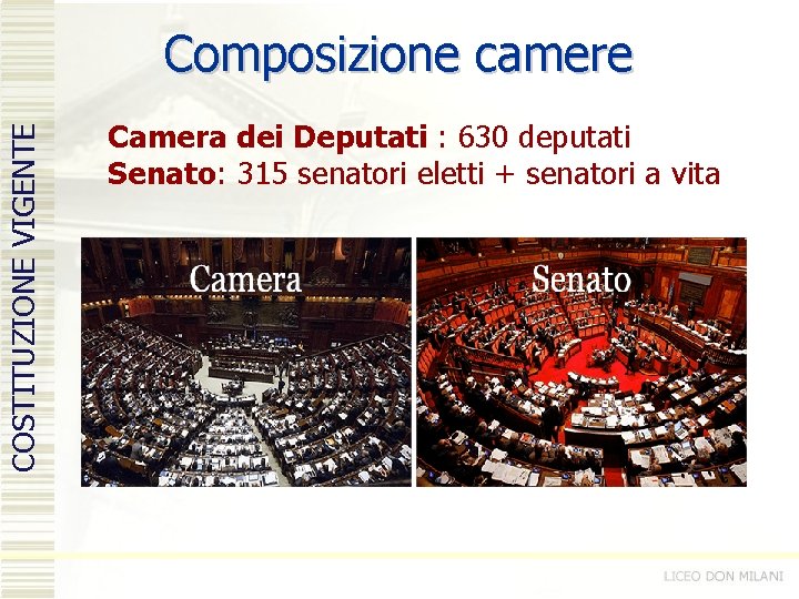 COSTITUZIONE VIGENTE Composizione camere Camera dei Deputati : 630 deputati Senato: 315 senatori eletti