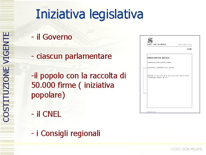 COSTITUZIONE VIGENTE Iniziativa legislativa - il Governo - ciascun parlamentare -il popolo con la