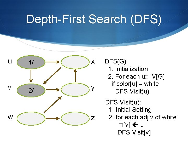 Depth-First Search (DFS) u 1/ x v 2/ y w z DFS(G): 1. Initialization Depth-First Search (DFS) u 1/ x v 2/ y w z DFS(G): 1. Initialization