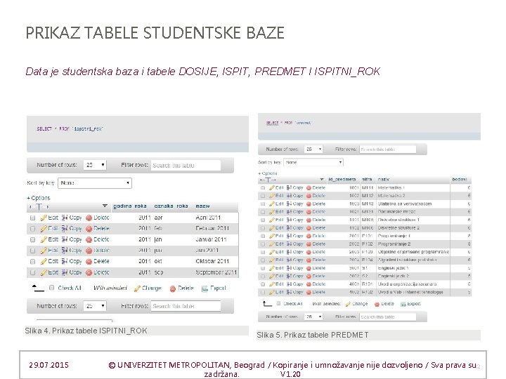PRIKAZ TABELE STUDENTSKE BAZE Data je studentska baza i tabele DOSIJE, ISPIT, PREDMET I