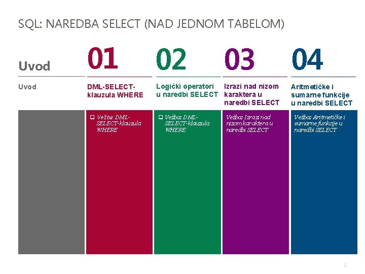 SQL: NAREDBA SELECT (NAD JEDNOM TABELOM) Uvod 01 02 DML-SELECTklauzula WHERE Logički operatori Izrazi