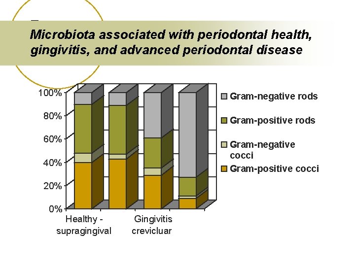 Microbiota associated with periodontal health, gingivitis, and advanced periodontal disease 100% Gram-negative rods 80%