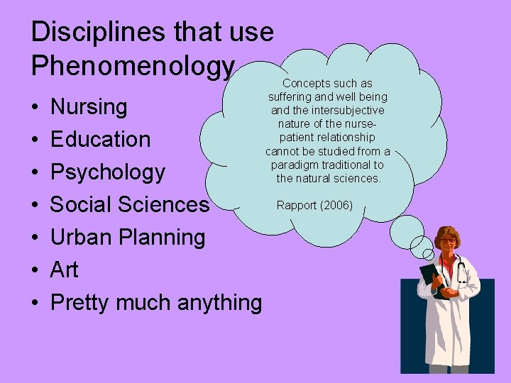 Disciplines that use Phenomenology • • Nursing Education Psychology Social Sciences Urban Planning Art