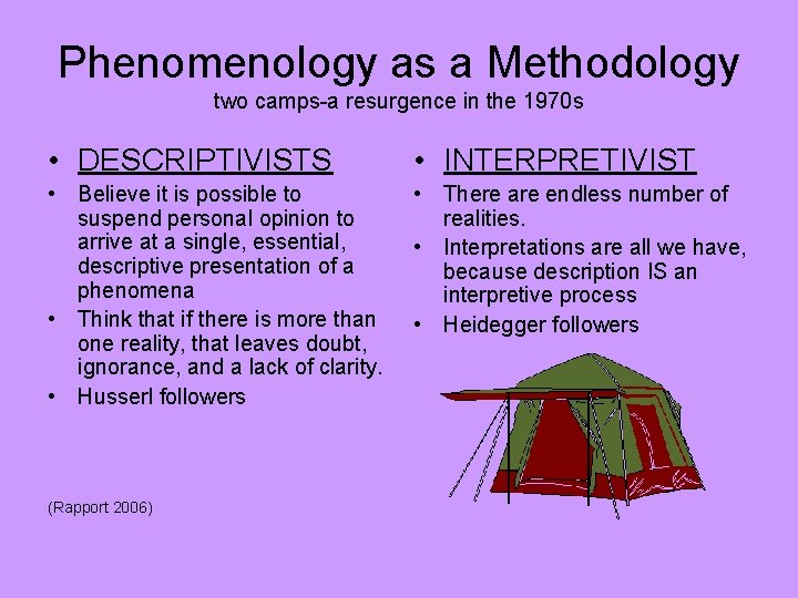 Phenomenology as a Methodology two camps-a resurgence in the 1970 s • DESCRIPTIVISTS •