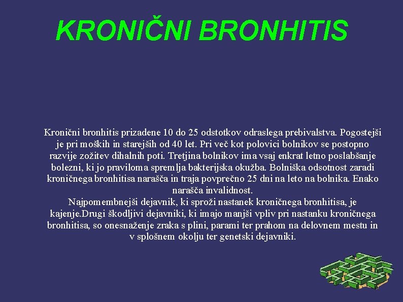 KRONIČNI BRONHITIS Kronični bronhitis prizadene 10 do 25 odstotkov odraslega prebivalstva. Pogostejši je pri