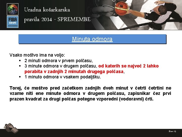 Uradna košarkarska pravila 2014 - SPREMEMBE Minuta odmora Vsako moštvo ima na voljo: §