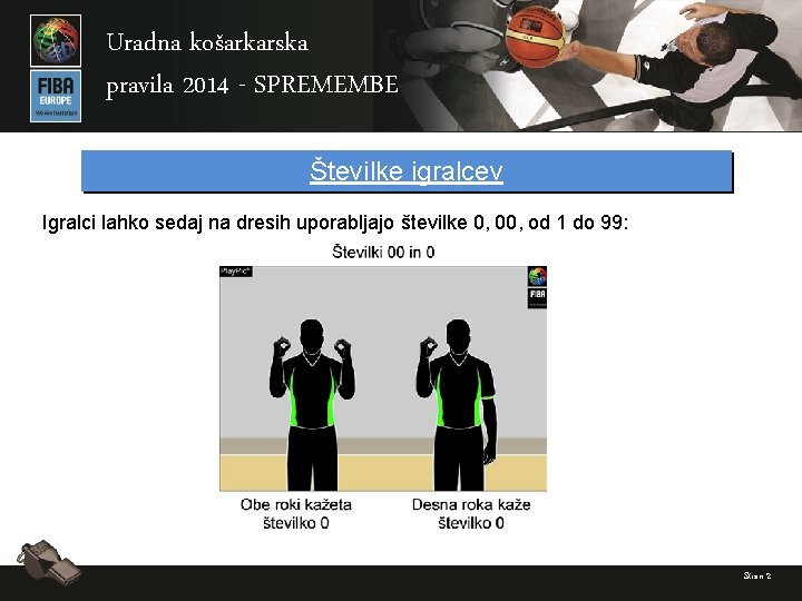 Uradna košarkarska pravila 2014 - SPREMEMBE Številke igralcev Igralci lahko sedaj na dresih uporabljajo