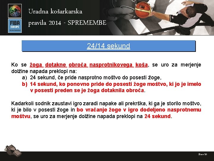 Uradna košarkarska pravila 2014 - SPREMEMBE 24/14 sekund Ko se žoga dotakne obroča nasprotnikovega