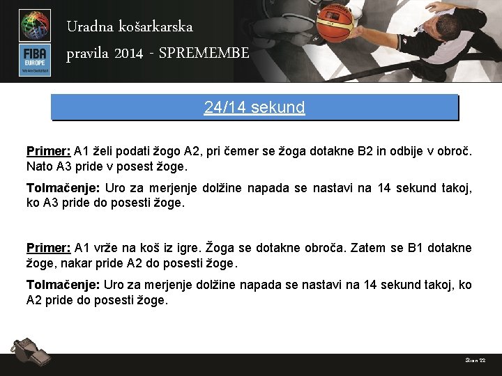 Uradna košarkarska pravila 2014 - SPREMEMBE 24/14 sekund Primer: A 1 želi podati žogo