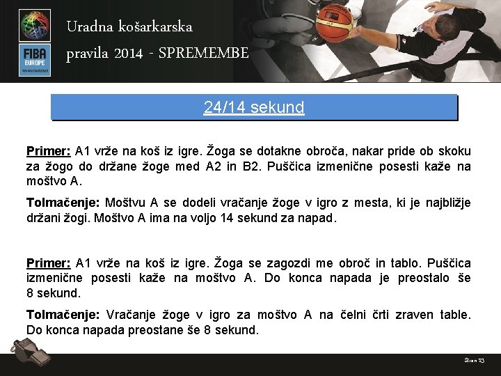 Uradna košarkarska pravila 2014 - SPREMEMBE 24/14 sekund Primer: A 1 vrže na koš