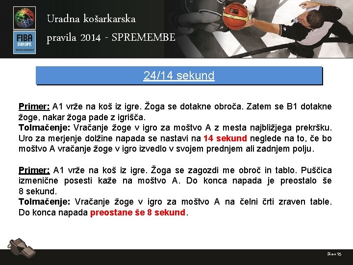 Uradna košarkarska pravila 2014 - SPREMEMBE 24/14 sekund Primer: A 1 vrže na koš