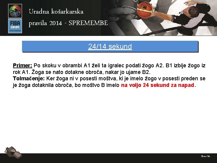 Uradna košarkarska pravila 2014 - SPREMEMBE 24/14 sekund Primer: Po skoku v obrambi A