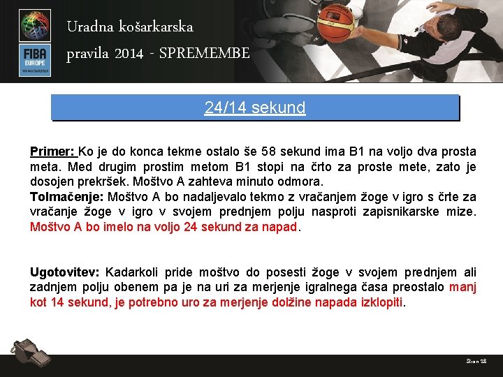 Uradna košarkarska pravila 2014 - SPREMEMBE 24/14 sekund Primer: Ko je do konca tekme