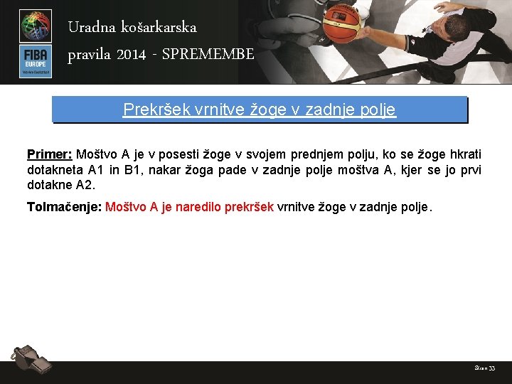 Uradna košarkarska pravila 2014 - SPREMEMBE Prekršek vrnitve žoge v zadnje polje Primer: Moštvo