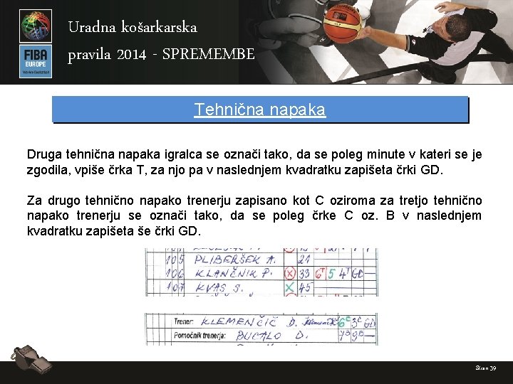 Uradna košarkarska pravila 2014 - SPREMEMBE Tehnična napaka Druga tehnična napaka igralca se označi