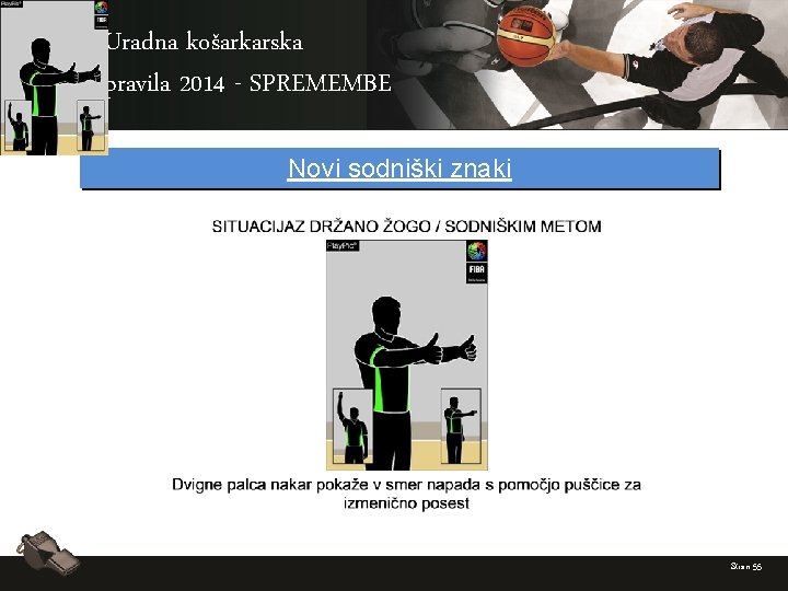 Uradna košarkarska pravila 2014 - SPREMEMBE Novi sodniški znaki Stran 55 