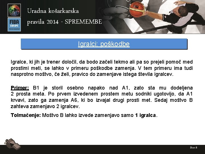 Uradna košarkarska pravila 2014 - SPREMEMBE Igralci: poškodbe Igralce, ki jih je trener določil,