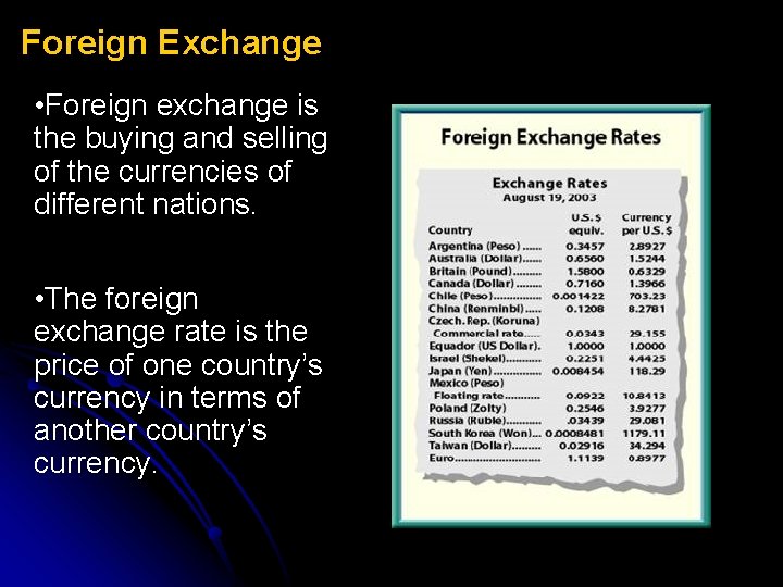 Foreign Exchange • Foreign exchange is the buying and selling of the currencies of