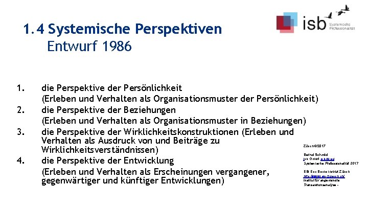 1. 4 Systemische Perspektiven Entwurf 1986 1. 2. 3. die Perspektive der Persönlichkeit (Erleben