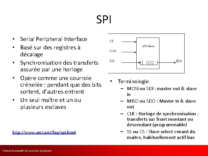 SPI • Serial Peripheral Interface • Basé sur des registres à décalage • Synchronisation