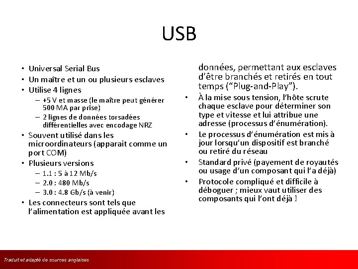 USB • Universal Serial Bus • Un maître et un ou plusieurs esclaves •