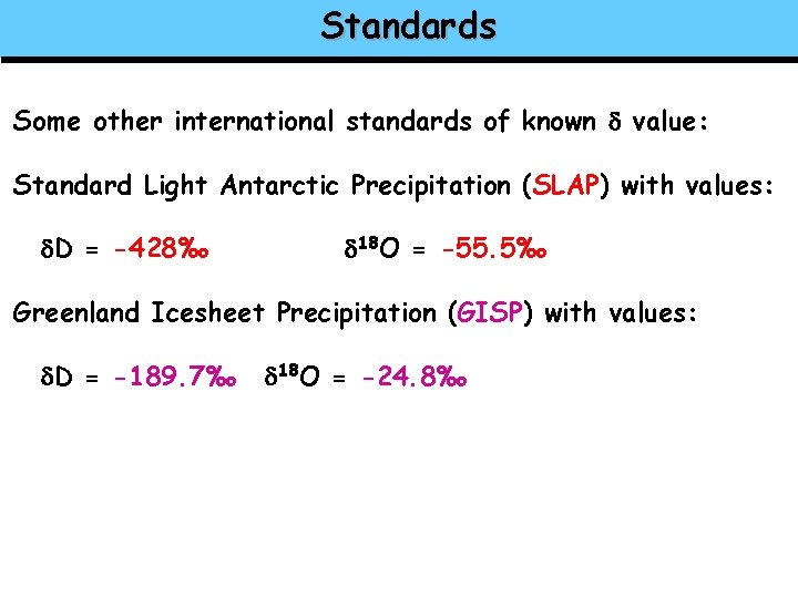 Standards Some other international standards of known d value: Standard Light Antarctic Precipitation (SLAP)