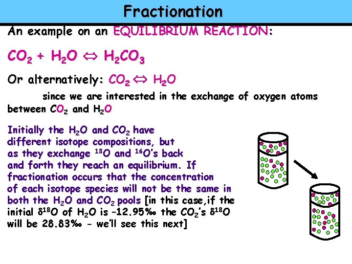 Fractionation An example on an EQUILIBRIUM REACTION: CO 2 + H 2 O H